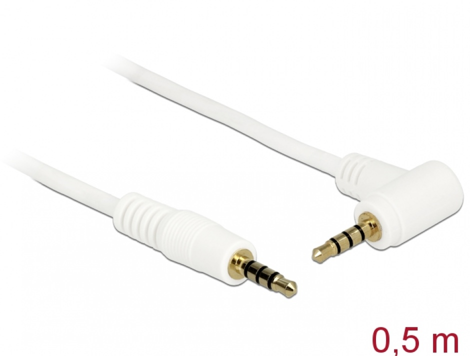 Imagine Cablu Stereo Jack 3.5 mm 4 pini unghi 0.5m T-T Alb, Delock 84736