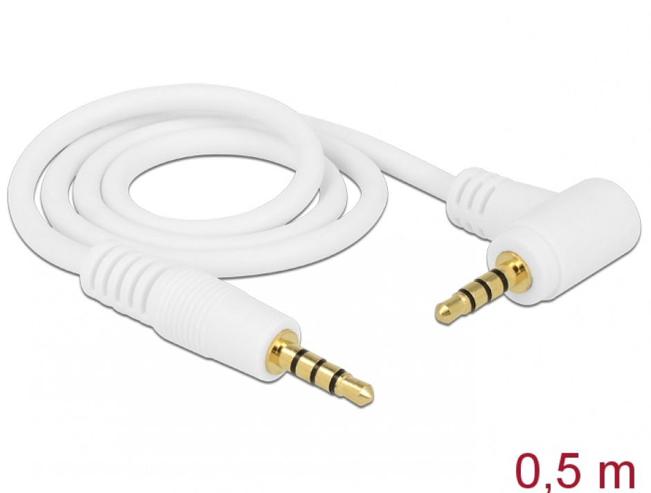 Imagine Cablu Stereo Jack 3.5 mm 4 pini unghi 0.5m T-T Alb, Delock 84736