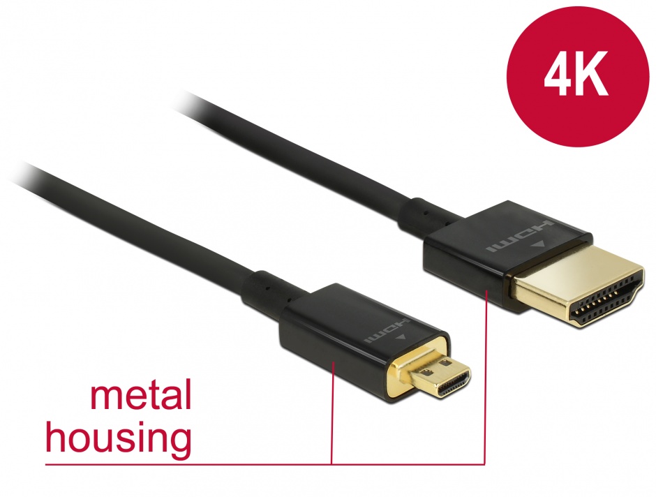 Imagine Cablu HDMI la micro HDMI-D T-T 3D 4K 2m Slim Premium, Delock 84783