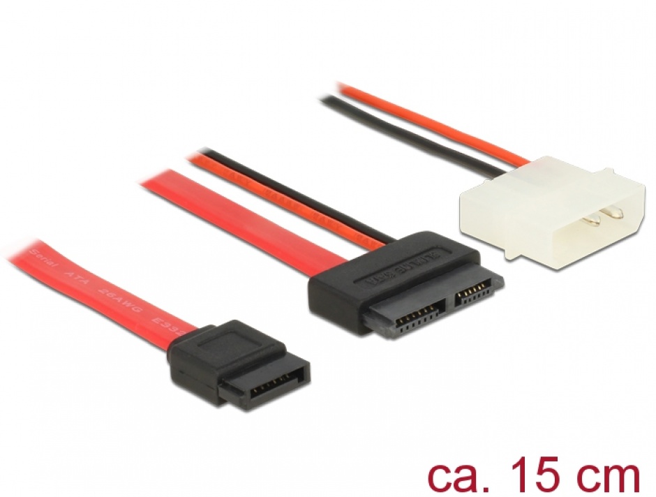 Imagine Cablu Slim SATA la SATA 7 pini + 2 pini alimentare M-T 15cm, Delock 84789