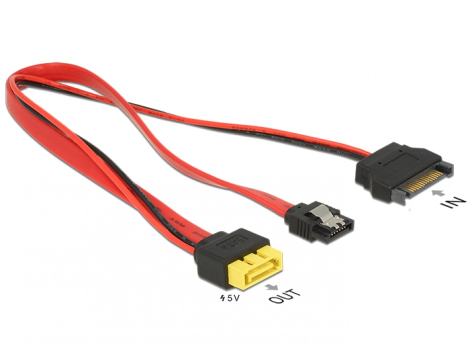 Imagine Cablu SATA 6 Gb/s 7 pini + SATA 15 pini la conector de alimentare 8 pini 0.3m, Delock 84945