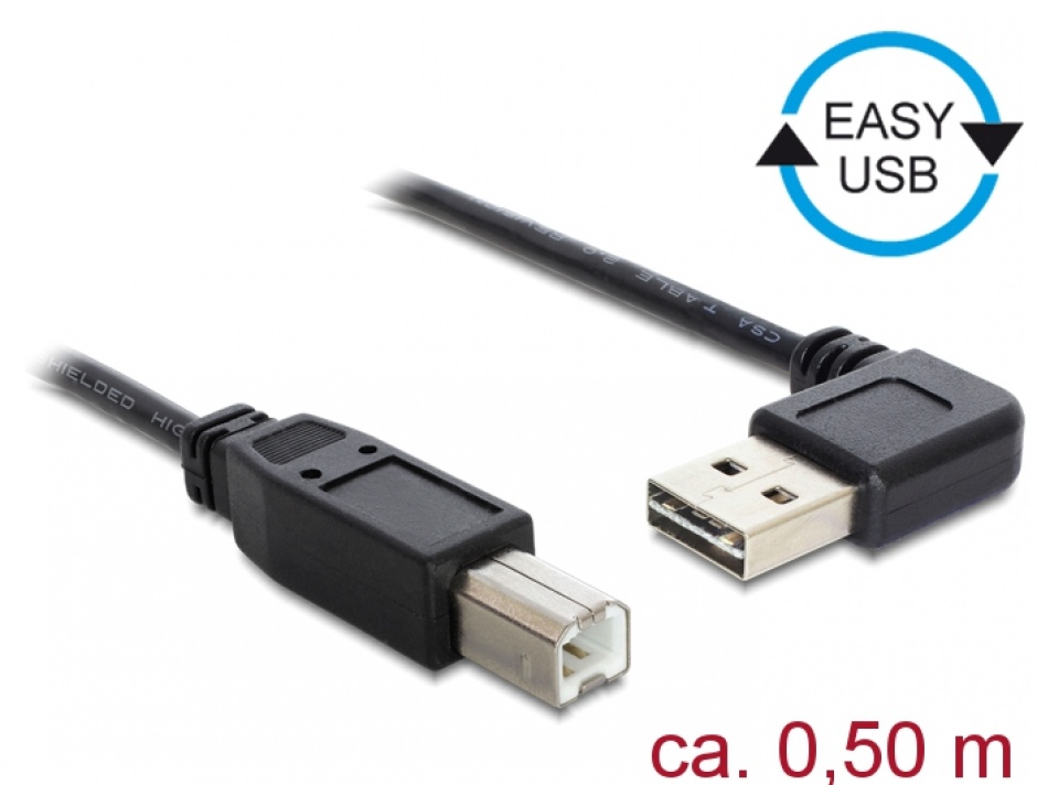 Imagine Cablu EASY-USB 2.0 tip A unghi stanga/dreapta la USB-B T-T 0.5m Negru, Delock 85167