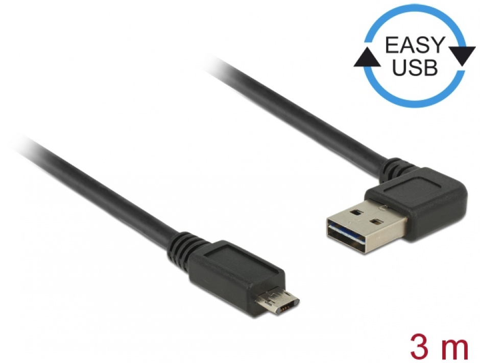 Imagine Cablu EASY-USB 2.0 tip A unghi stanga/dreapta la micro USB-B EASY-USB T-T 3m Negru, Delock 85168
