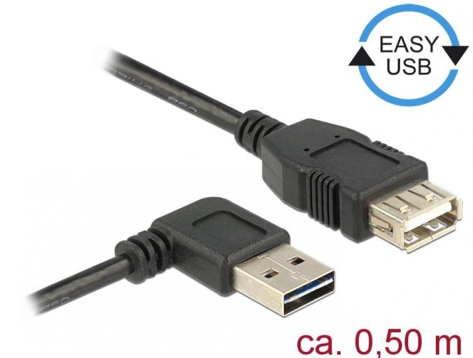 Imagine Cablu prelungitor EASY-USB 2.0 tip A unghi stanga/dreapta T-M 0.5m Negru, Delock 85177