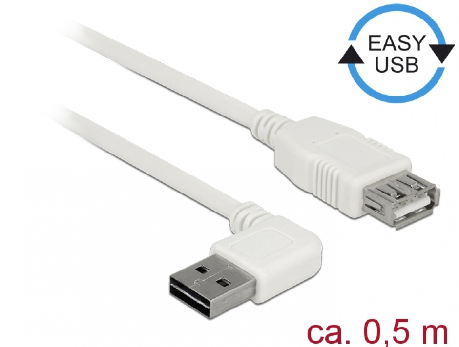 Imagine Cablu prelungitor EASY-USB 2.0 tip A unghi stanga/dreapta T-M 0.5m Alb, Delock 85178