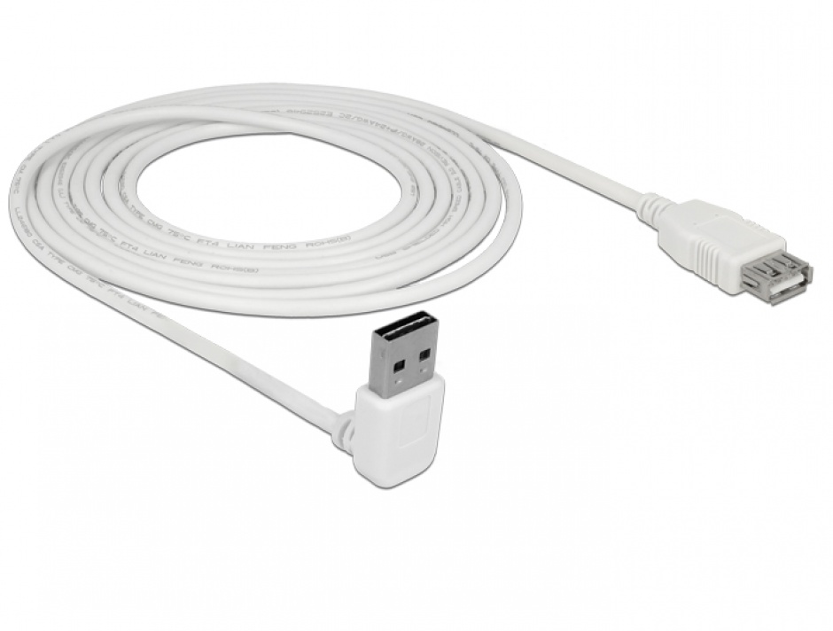 Imagine Cablu prelungitor EASY-USB 2.0 tip A unghi sus/jos T-M 3m Alb, Delock 85189