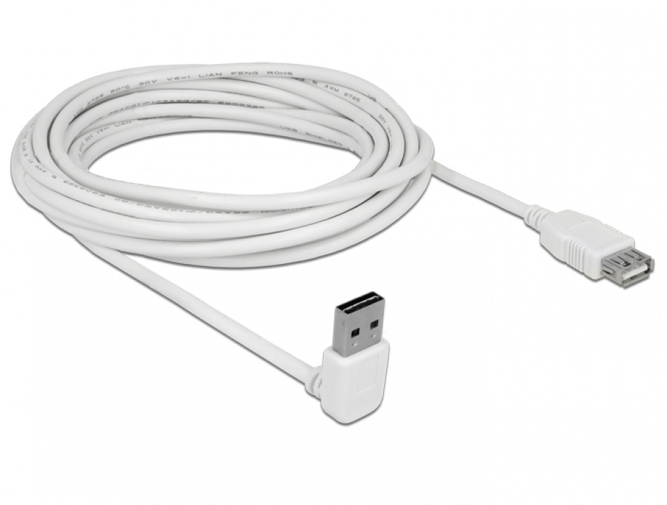 Imagine Cablu prelungitor EASY-USB 2.0 tip A unghi sus/jos T-M 5m Alb, Delock 85190