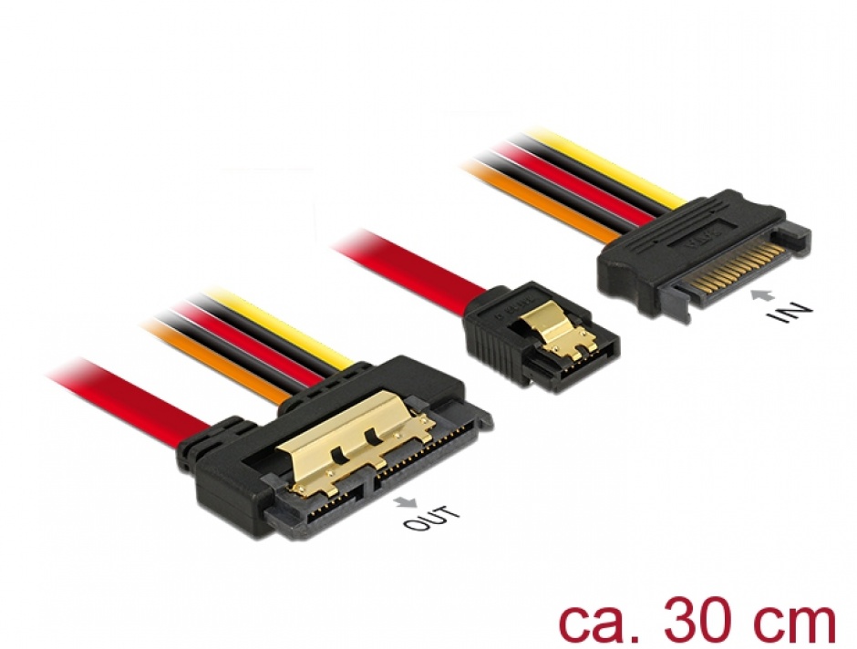 Imagine Cablu de date + alimentare SATA 22 pini 6 Gb/s cu clips la SATA 15 pini + SATA 7 pini 30cm, Delock 85228