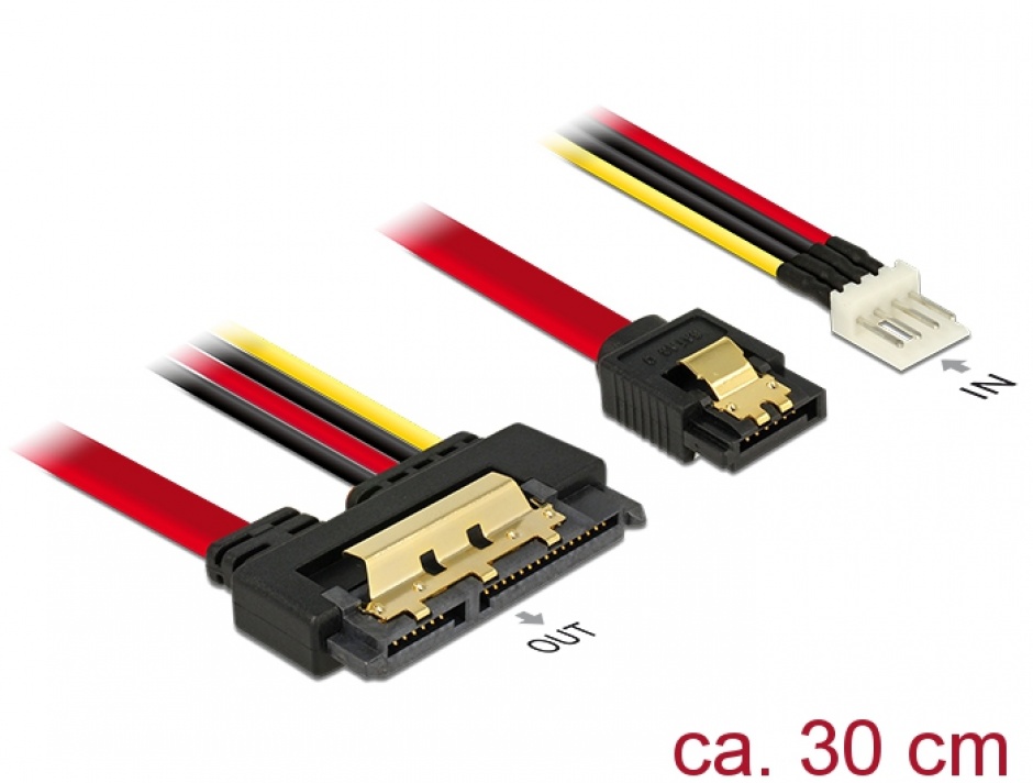 Imagine Cablu de date + alimentare SATA 22 pini 6 Gb/s cu clips la Floppy 4 pini tata + SATA 7 pini 30cm, Delock 85232
