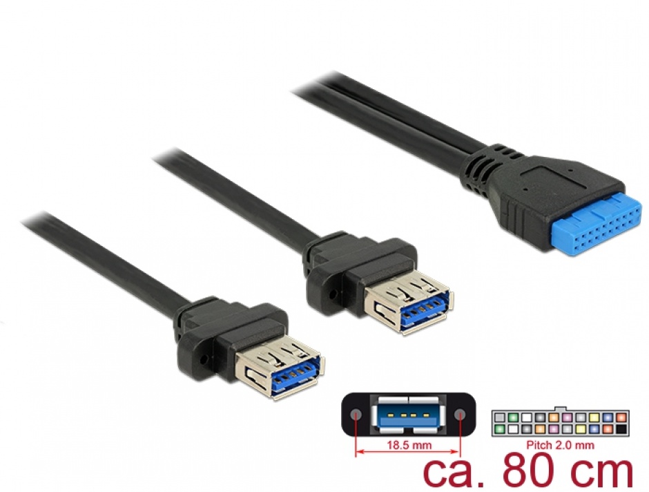 Imagine Cablu pin header USB 3.0 19 pini 2.00 mm la 2 x USB 3.0-A M-M 0.8m, Delock 85244