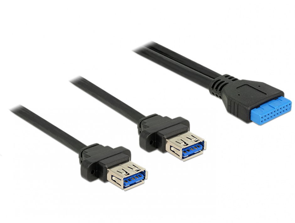 Imagine Cablu pin header USB 3.0 19 pini 2.00 mm la 2 x USB 3.0-A M-M 0.8m, Delock 85244 