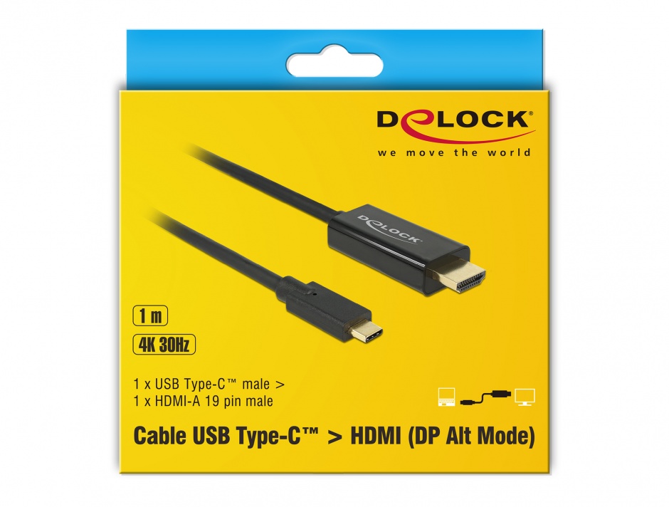 Imagine Cablu USB-C la HDMI (DP Alt Mode) 4K 30 Hz 1m T-T Negru, Delock 85258