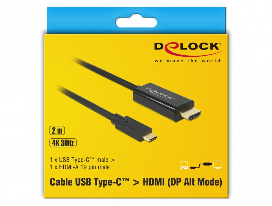 Imagine Cablu USB-C la HDMI (DP Alt Mode) 4K 30 Hz 2m T-T Negru, Delock 85259 