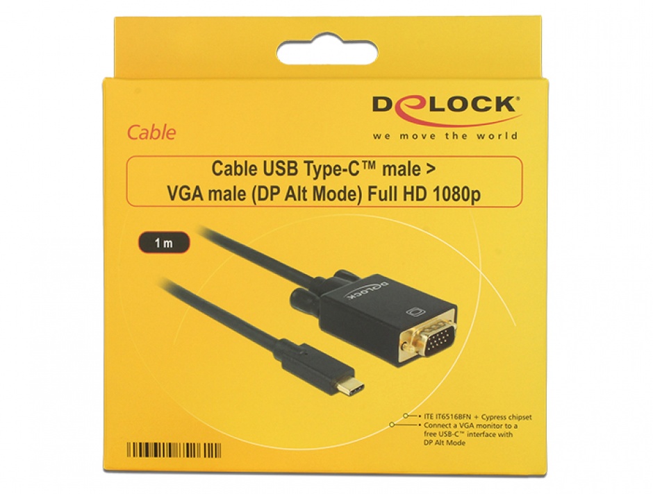 Imagine Cablu USB tip C la VGA (DP Alt Mode) Full HD 1080p 1m T-T Negru, Delock 85261 