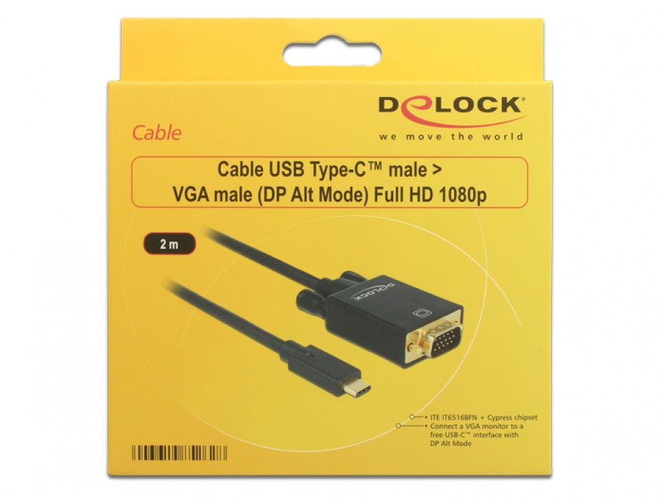 Imagine Cablu USB tip C la VGA (DP Alt Mode) Full HD 1080p 2m T-T Negru, Delock 85262