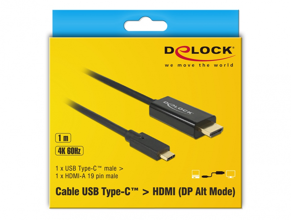 Imagine Cablu USB-C la HDMI (DP Alt Mode) 4K 60 Hz 1m T-T Negru, Delock 85290