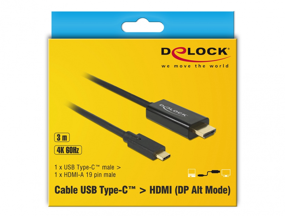 Imagine Cablu USB-C la HDMI (DP Alt Mode) 4K 60 Hz 3m T-T Negru, Delock 85292