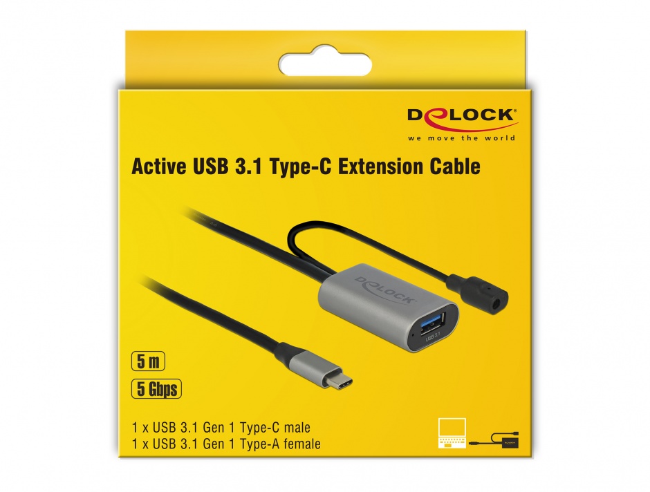 Imagine Cablu activ USB 3.1-C Gen 1 la USB-A T-M 5m Negru, Delock 85391