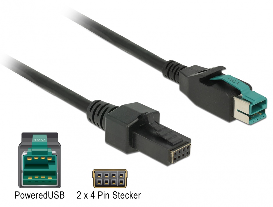 Imagine Cablu PoweredUSB 12 V la 2 x 4 pini T-T 3m pentru POS/terminale, Delock 85484