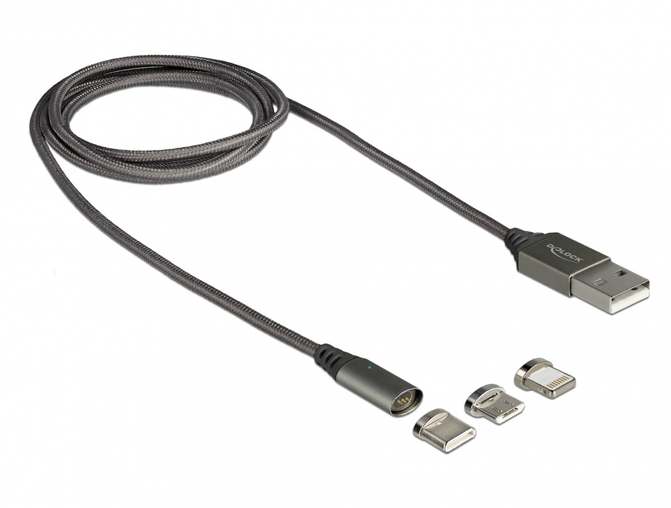 Imagine Cablu de incarcare magnetic USB la iPhone Lightning 8 pini / Micro USB / USB- C antracit 1m, Delock 