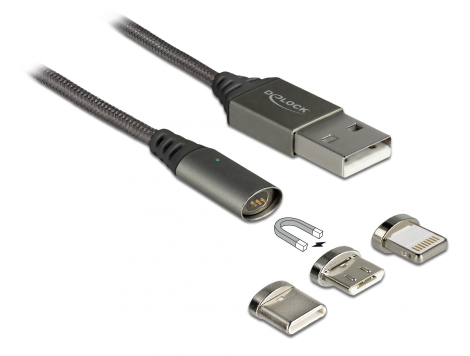 Imagine Cablu de incarcare magnetic USB la iPhone Lightning 8 pini / Micro USB / USB- C antracit 1m, Delock 