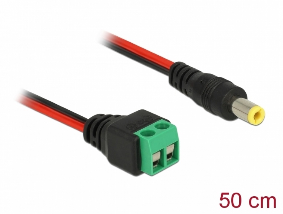 Imagine Cablu de alimentare DC 5.5 x 2.5 mm la bloc terminal 2 pini 50cm, Delock 85708