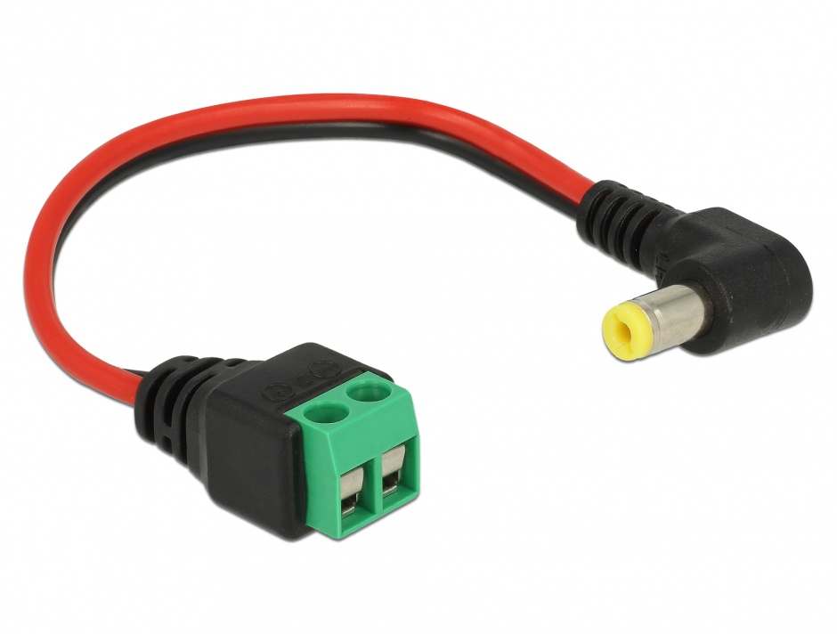 Imagine Cablu de alimentare DC 5.5 x 2.1 mm unghi 90 grade la bloc terminal 2 pini 15cm, Delock 85715