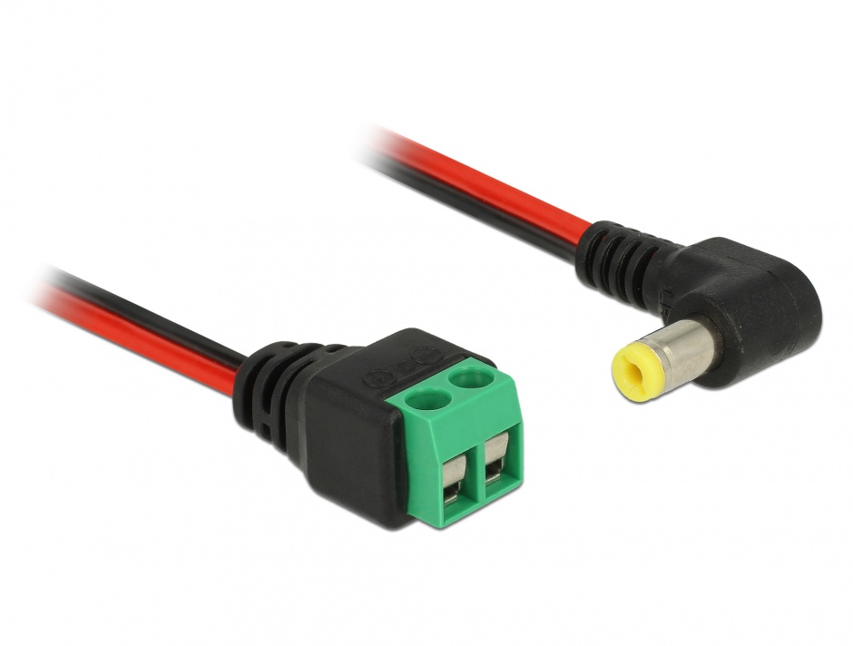 Imagine Cablu de alimentare DC 5.5 x 2.1 mm unghi 90 grade la bloc terminal 2 pini 30cm, Delock 85716