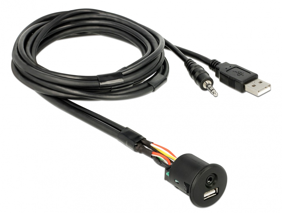 Imagine Cablu USB + jack stereo 3.5 mm 4 pini la USB + jack stereo 3.5 mm 4 pini (audio) T-M 2m Negru, Delock 85718
