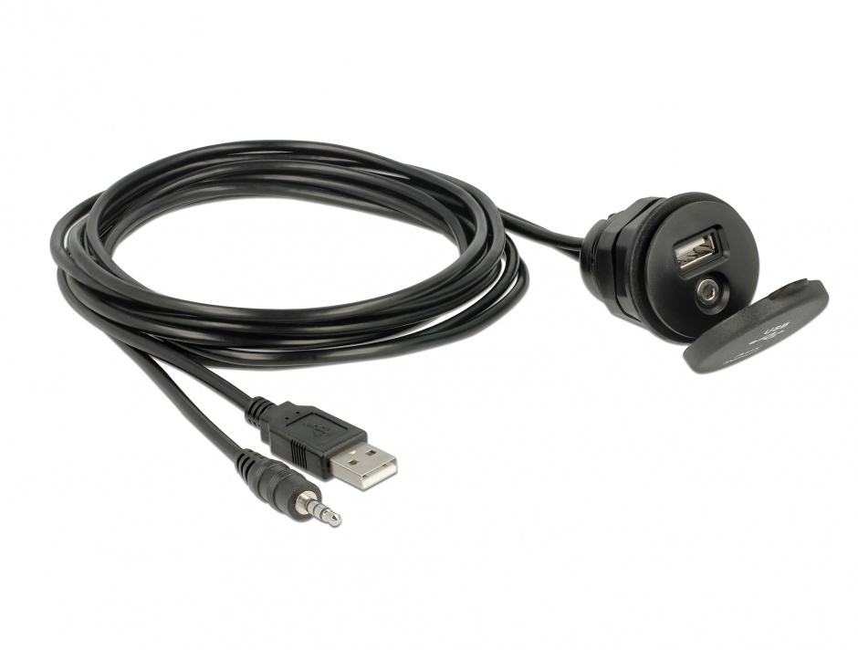 Imagine Cablu auto USB + jack stereo 3.5 mm 4 pini la USB + jack stereo 3.5 mm 4 pini (audio) T-M 2m Negru, Delock 85719 