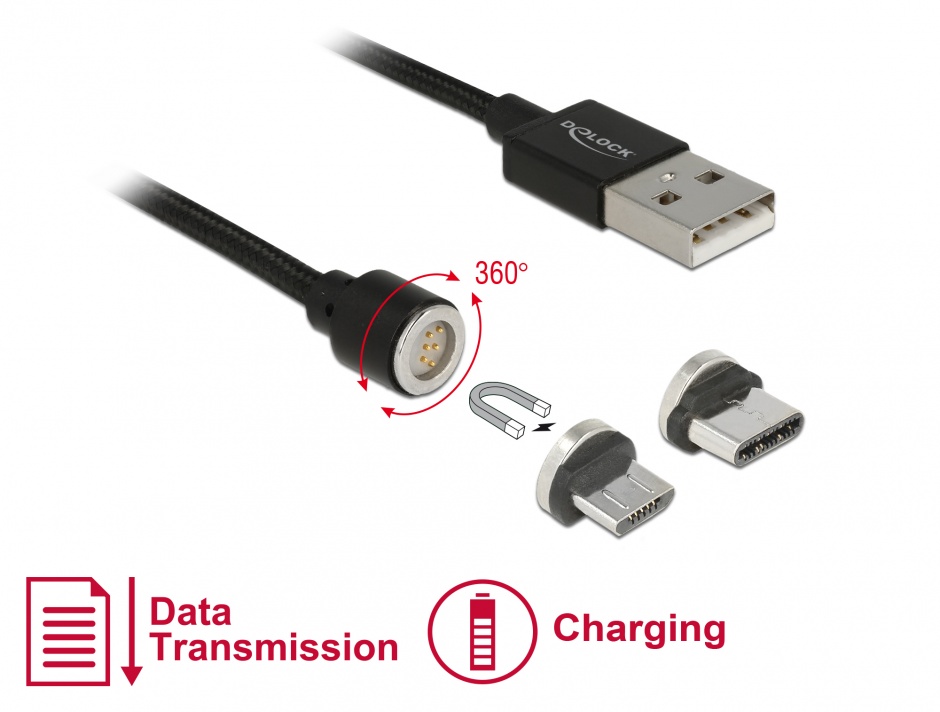 Imagine Cablu USB magnetic date + incarcare Micro USB / USB-C 1.1m Negru, Delock 85723