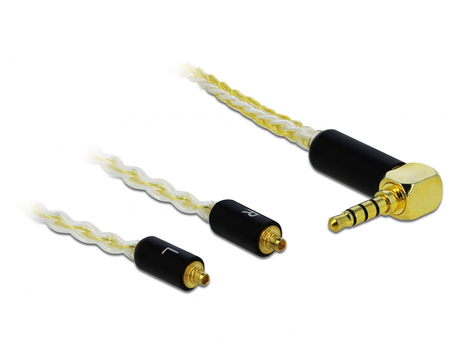 Imagine Cablu audio jack stereo 3.5mm 4 pini unghi 90 grade la 2 x MMCX T-T 1.25m, Delock 85847
