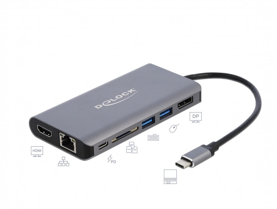 Imagine Docking Station USB-C la HDMI 4K, Displayport, 2 x USB 3.0, SD slot, Gigabit LAN, PD 3.0, Delock 876