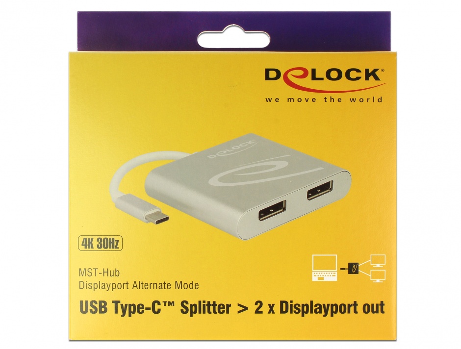 Imagine Multiplicator USB-C (DP Alt Mode) la 2 x Displayport 4K 30 Hz, Delock 87714