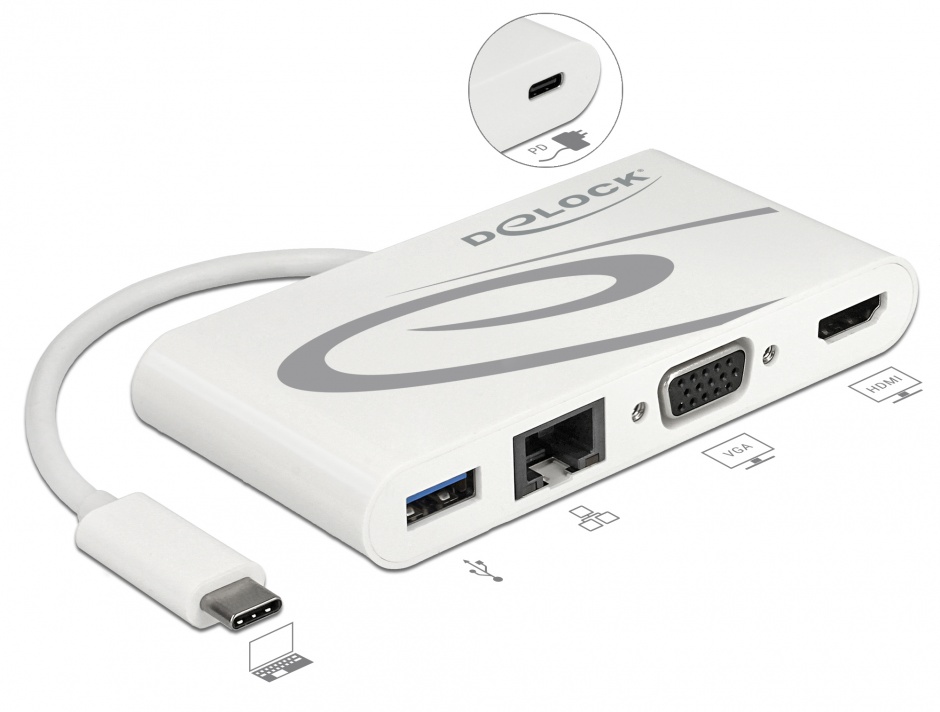 Imagine Docking Station USB-C 3.1 la HDMI 4K 30 Hz + VGA + LAN + USB PD, Delock 87731