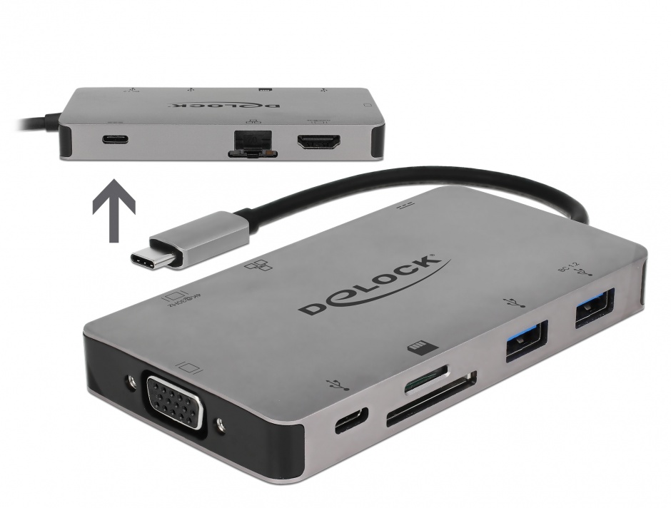 Imagine Docking Station USB-C la HDMI 4K / VGA / USB 3.1 / SD / LAN / PD 3.0, Delock 87735