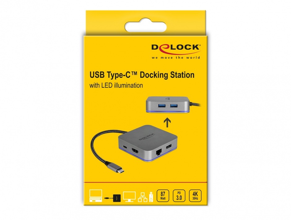 Imagine Docking Station pentru dispozitive mobile USB-C la HDMI 4K/ Hub / LAN / PD 3.0 cu LED, Delock 87742