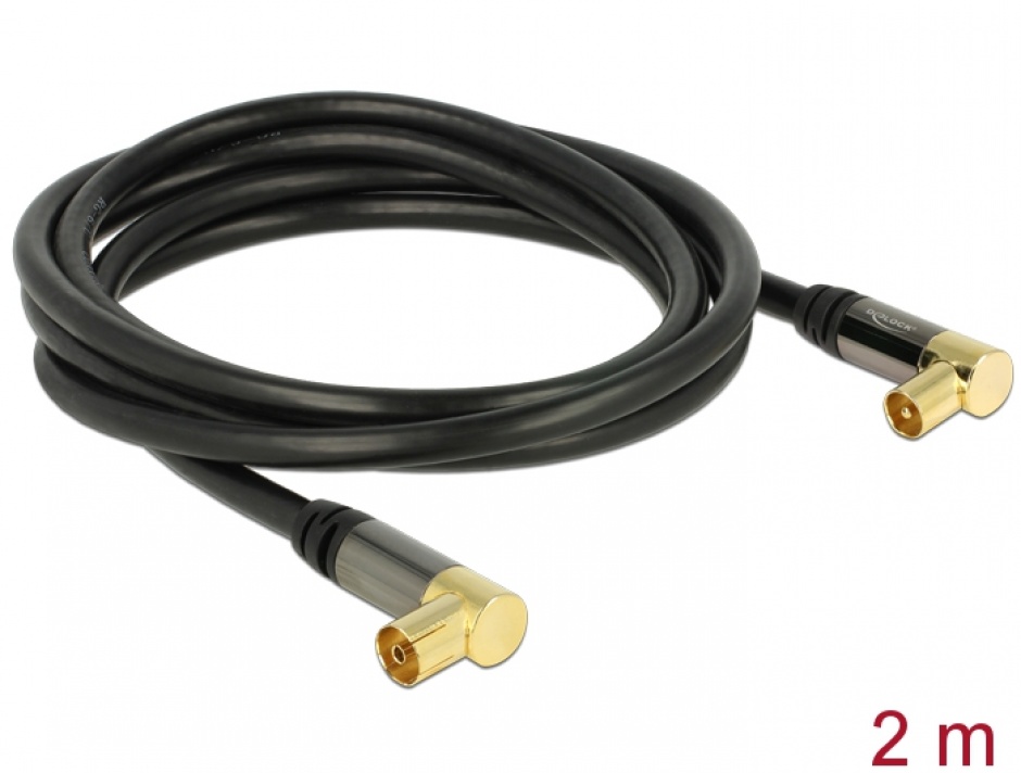 Imagine Cablu prelungitor antena IEC Plug la IEC Jack RG-6/U 2m unghi Negru, Delock 88865