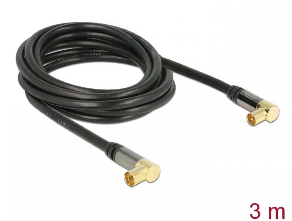 Imagine Cablu prelungitor antena IEC Plug la IEC Jack RG-6/U 3m unghi Negru, Delock 88916