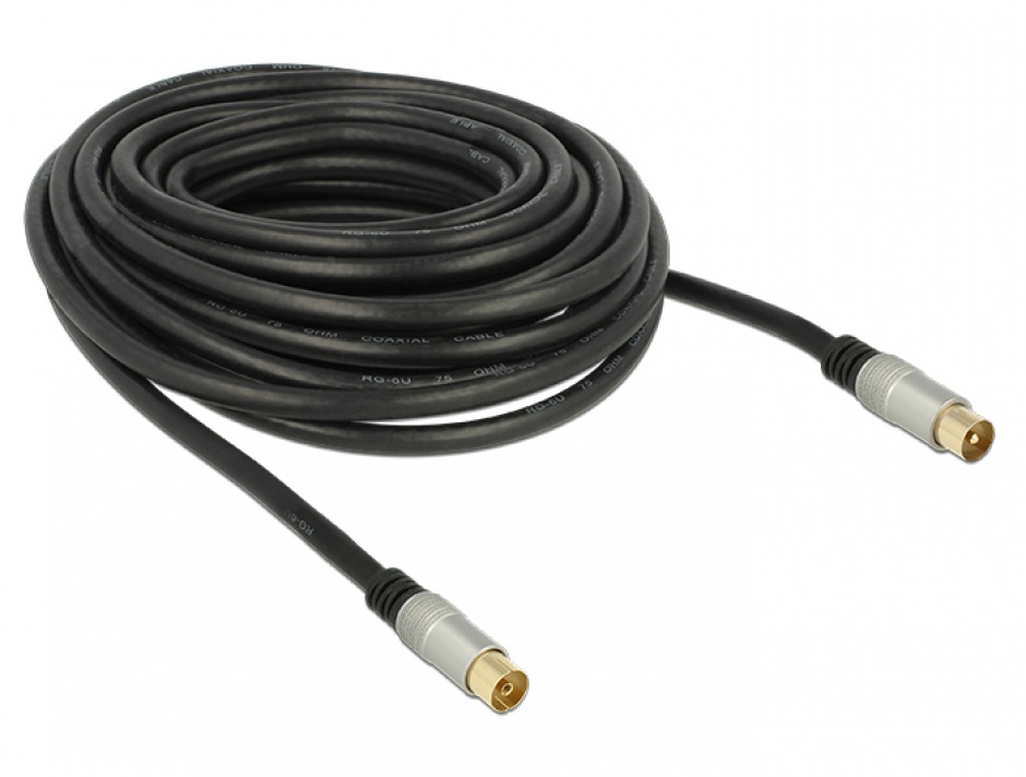 Imagine Cablu de antena IEC Plug la IEC Jack RG-6/U ecranat 10m Negru Premium, Delock 88952