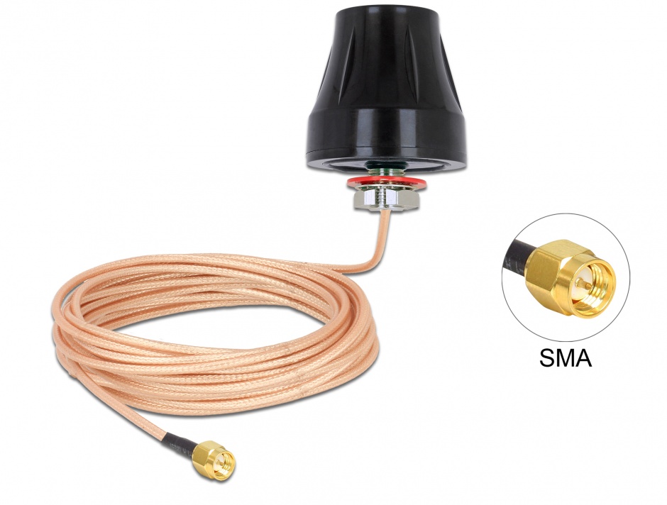 Imagine Antena exterioara LTE SMA 2 dBi fixa omnidirectionala + cablu RG-316U 5m, Delock 89899