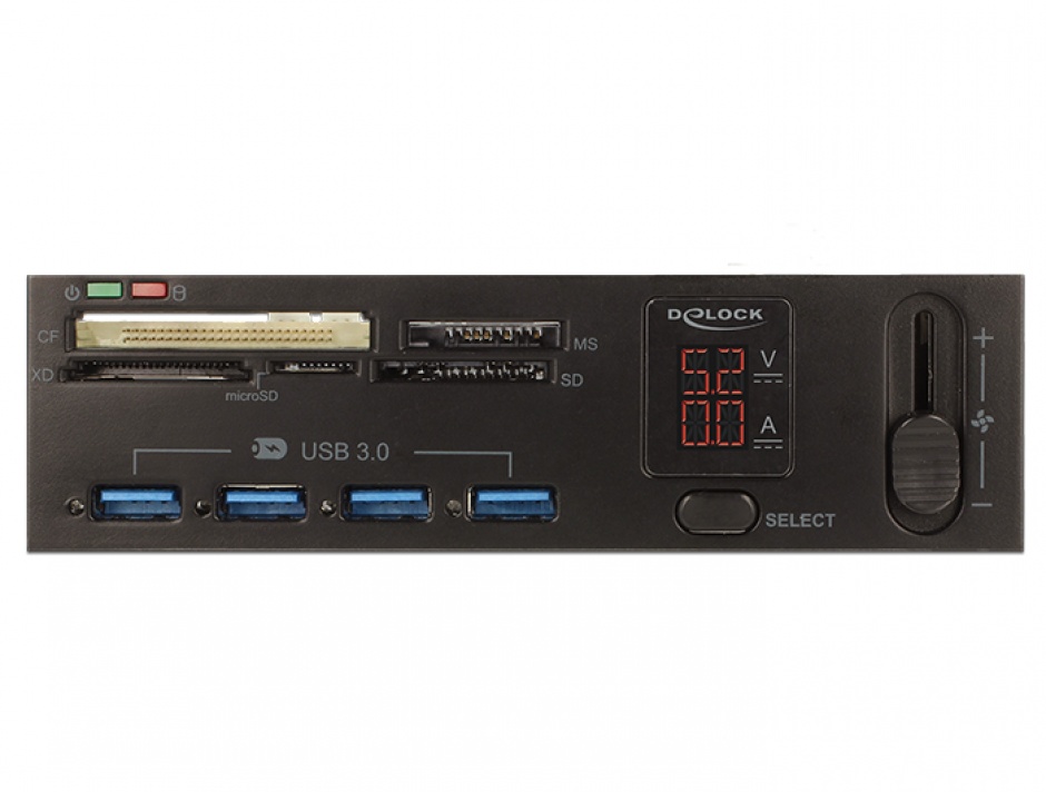 Imagine Cititor de carduri USB 5.25" 5 sloturi + 4 porturi USB 3.0 incl. indicator V/A si fan control, Deloc