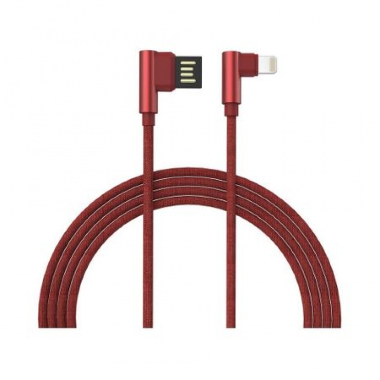 Imagine Cablu de date si incarcare USB la iPhone Lightning unghi 90 grade 1m Rosu brodat, GC-48