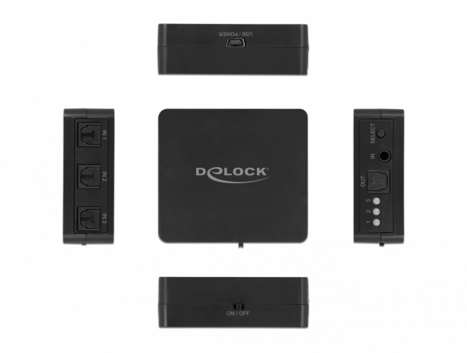 Imagine Swtich S/PDIF Toslink 3 porturi cu telecomanda si alimentare USB, Delock 63395