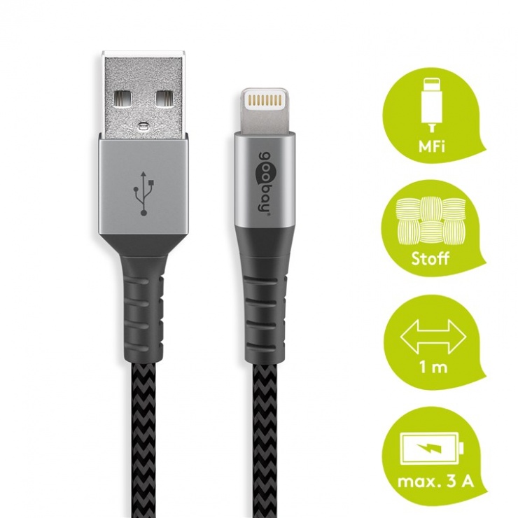 Imagine Cablu de date si incarcare USB la iPhone Lightning MFI T-T 1m, Goobay G49268