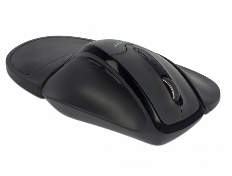 Imagine Mouse optic wireless ergonomic cu mouse pad pentru mana stanga Negru, Delock 12552
