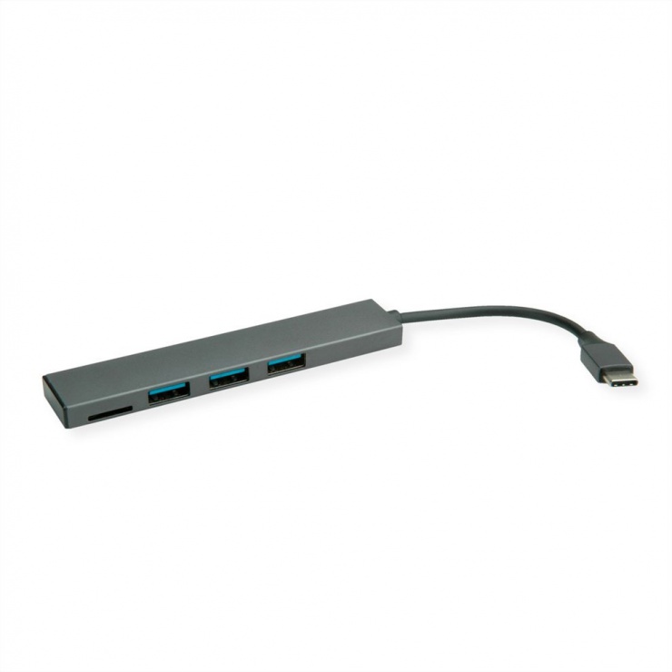 Imagine HUB ultra slim USB 3.2 Gen 1-C la 3 x USB-A + cititor carduri microSD, Roline 14.02.5051