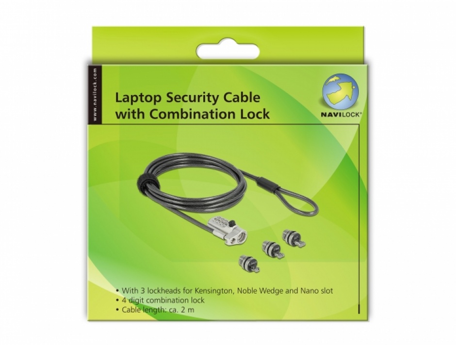 Imagine Cablu de securitate laptop pentru slot Kensington / Noble Wedge / Nano, Navilock 20677