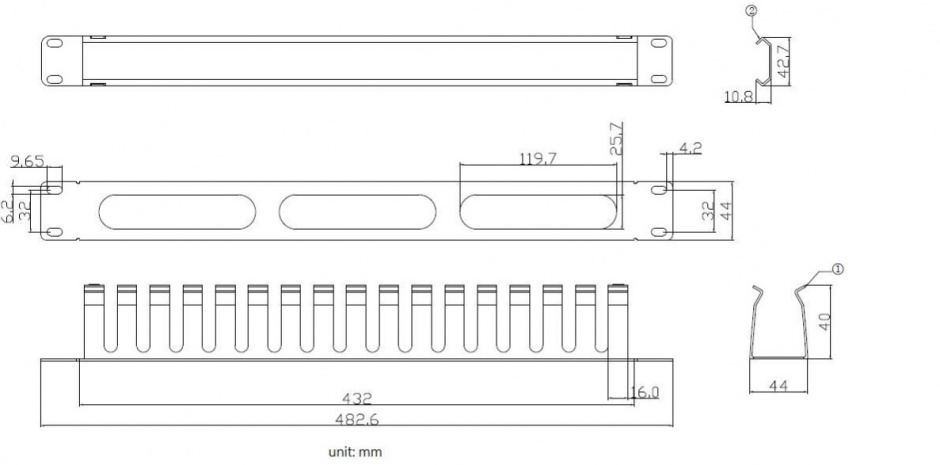 Imagine Front Panel 19" 1U cu organizator pentru cabluri 40x40mm RAL7035 Gri deschis, Value 26.99.0301 