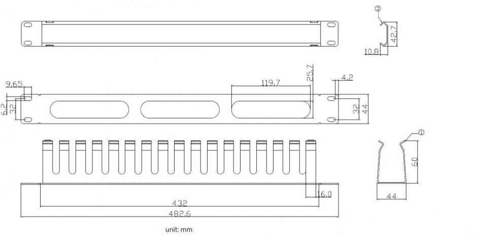 Imagine Front Panel 19" 1U cu organizator pentru cabluri 40x60mm RAL7035 Gri deschis, Value 26.99.0302